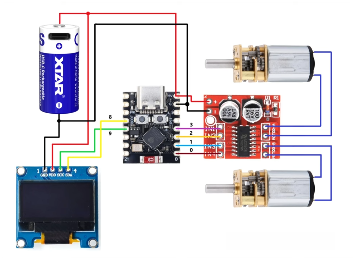 ESP32-C3、OLED、MX1508、电池和双电机完整接线图