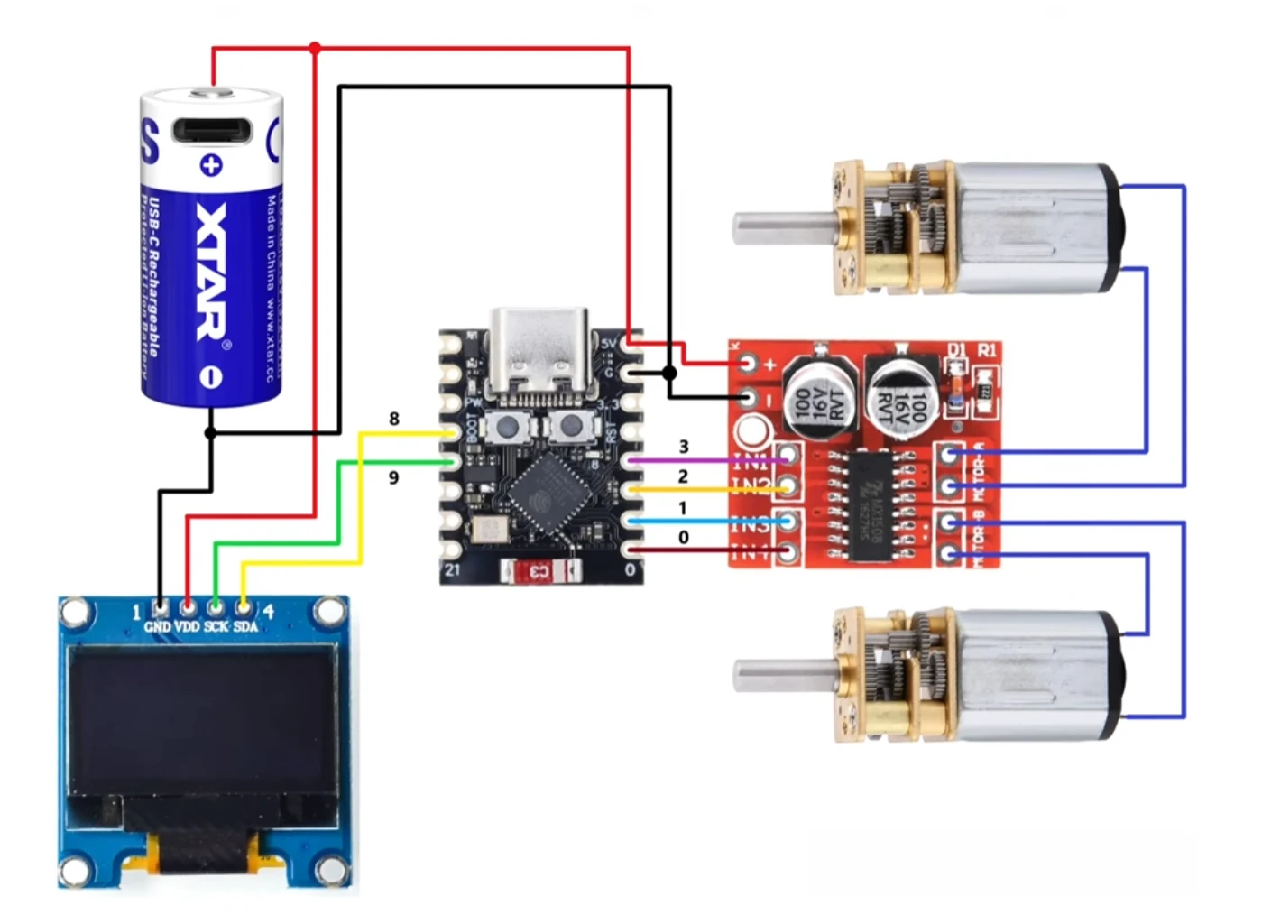 ESP32-C3、OLED、MX1508、电池和双电机完整接线图